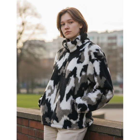 Eddie Bauer Jackets & Blazers - Eddie Bauer blk/white/taupe fleece/sherpa 1/2 zip pullover size L A069 Gorpcore